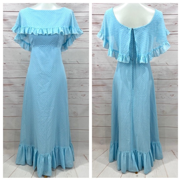 Vintage 60’s Mid Century House of Bianchi Polka Dot Ruffle Cape Maxi Dress - Picture 1 of 10